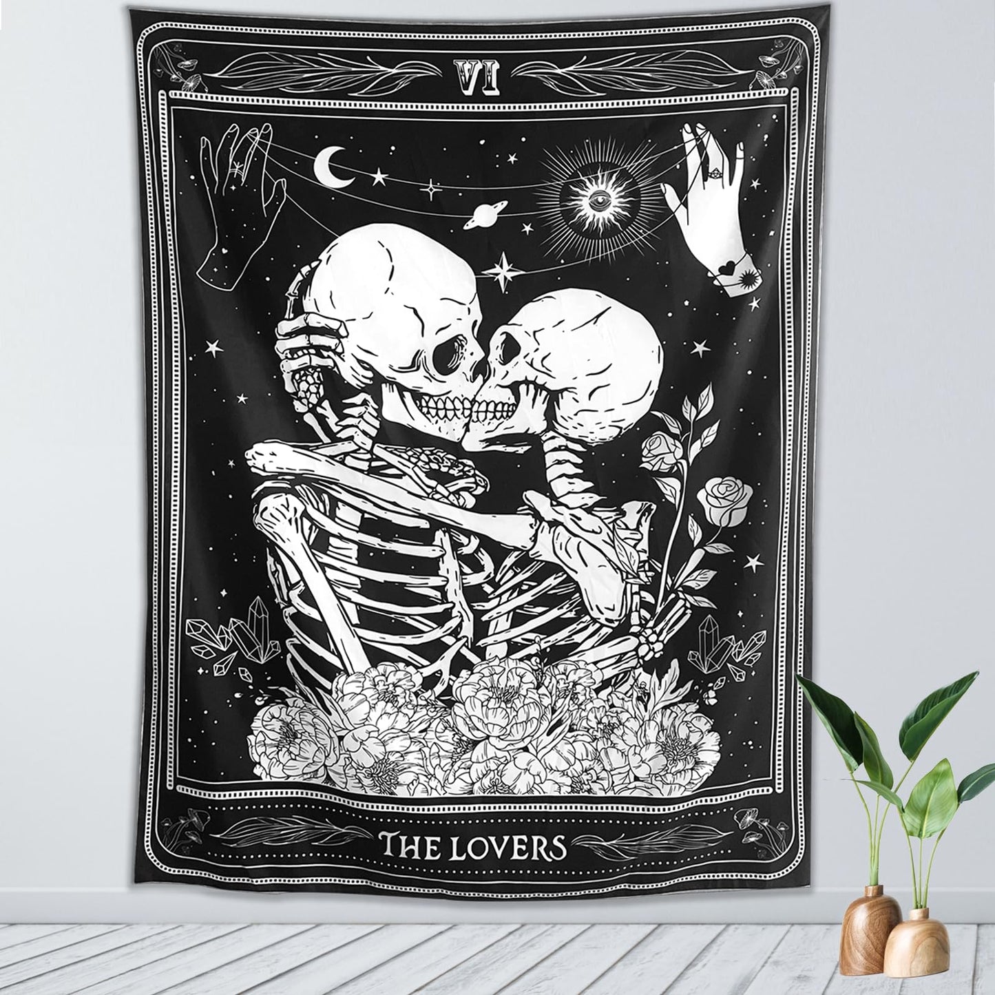 KJHL The Lovers Skull Wall Tapestry Black and White Skeleton Tapestry Gothic Room Decor Witchy Tapestries Aesthetic Wall Hanging for Bedroom Living Room 60" x 44"
