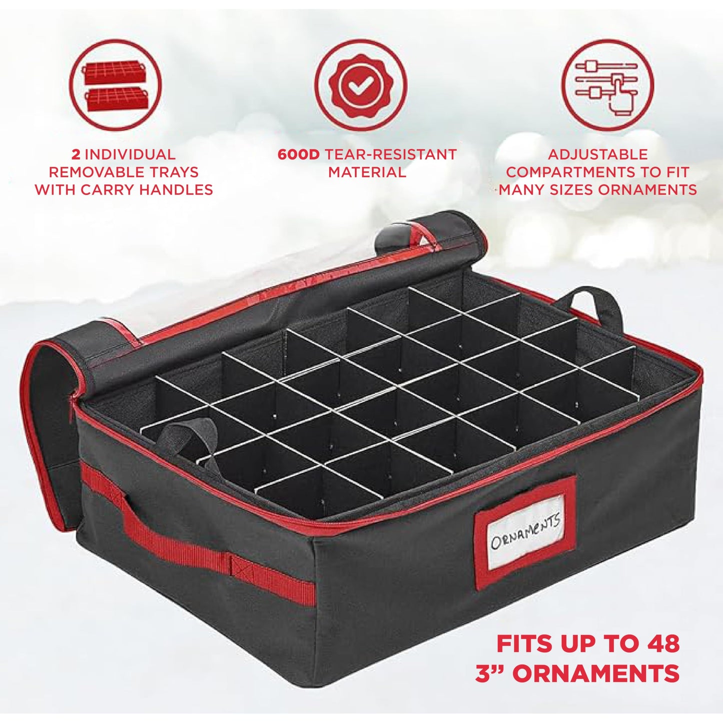 HOLDN’ STORAGE Christmas Ornament Storage Box with Dividers - Fits 48-3” Ornaments, 2 Removable Trays, Durable & Space-Saving, Clear Top Lid, Fits Underbed, Charcoal