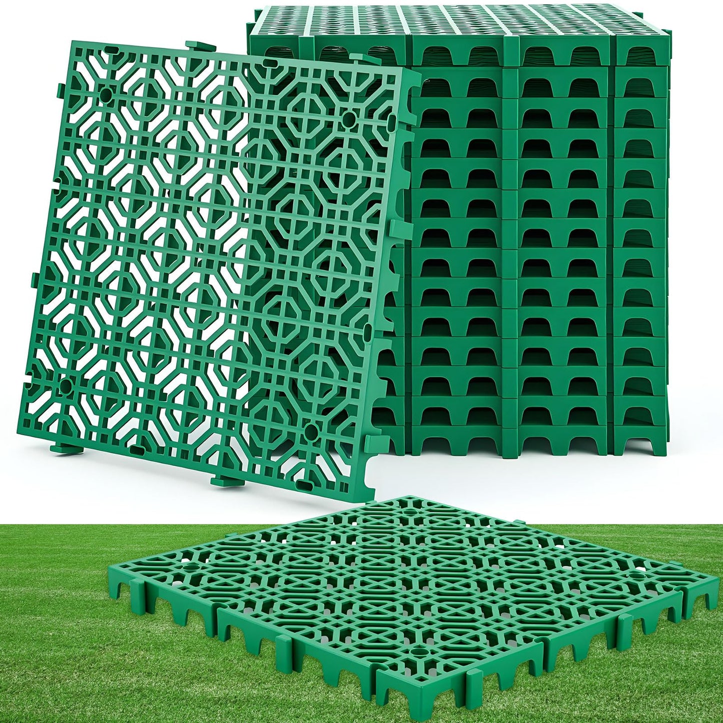 Wesnoy 15 Pcs 15.7 x 15.7 in Heavy Duty Ground Protection Mats Drive on Lawn Grid, Heavyweight Drain Interlocking Non-Slip Floor Mat, 6613 lb Load for Gravel Grid Permeable Pavers (Green)