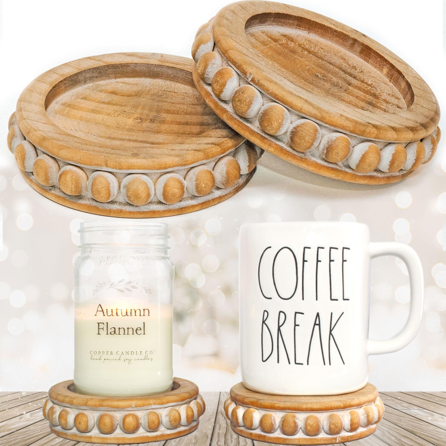 Candle Pedestal [Set of 2] Round Rustic Wood Beaded Risers - Sturdy 2-Sided Stackable Decor Pedestal Stands for Tiered Tray, Candle, Mug Display, Risers Display Stands (Rustic Brown, 5 inch)