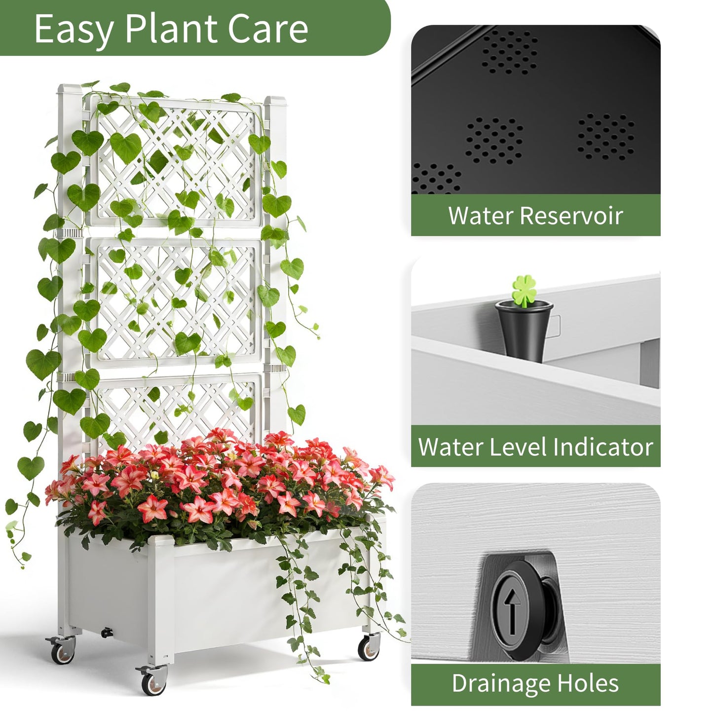 Miory 60" Raised Garden Bed with Trellis & Wheels, Vertical Gardening Planter Box with Water Level Indicator and Drainage System for Garden Outdoor Patio Balcony