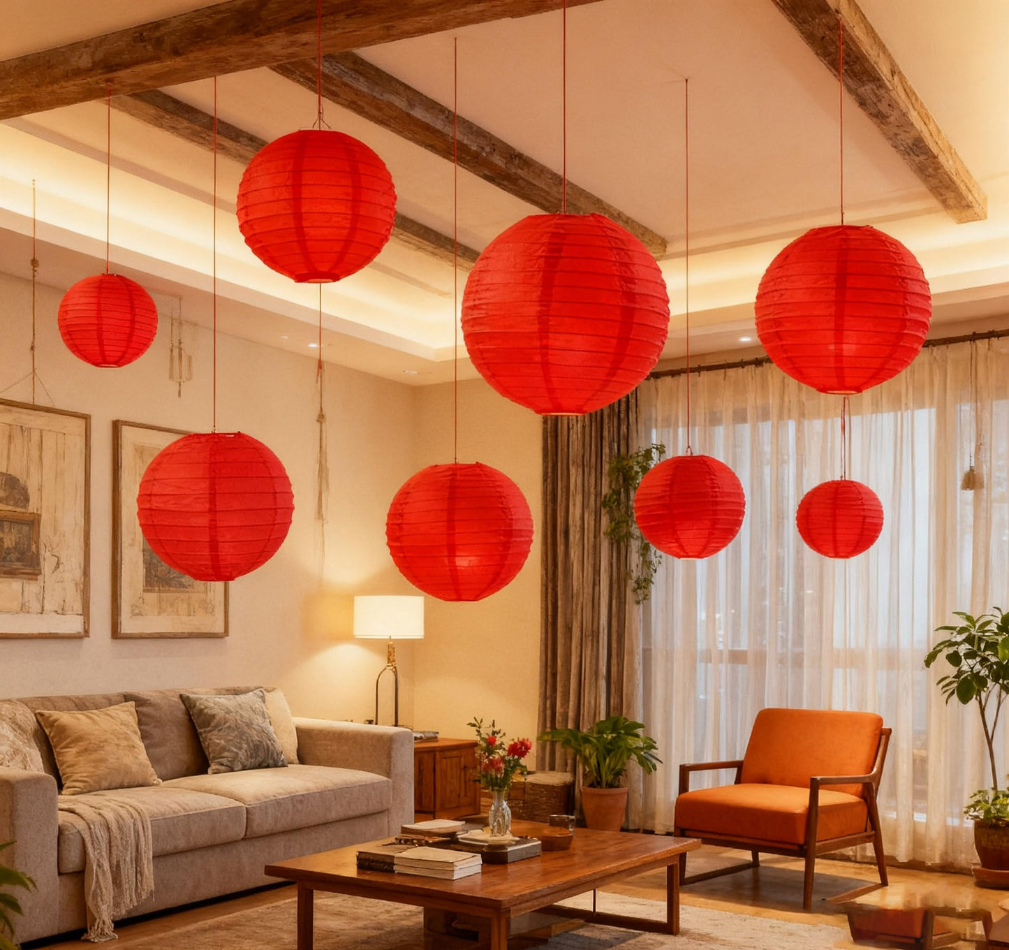 25 Pack Paper Lanterns, Sizes of 4", 6", 8", 10", 12", Hanging Lanterns Decorations Ball Lanterns for Home Decoration, Birthday Party and Wedding Decorations (Red)