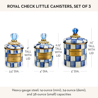 MACKENZIE-CHILDS Enamel Canister Set, Mini (14 oz.), Demi (24 oz.), and Small (38 oz.) Kitchen Containers, Blue-and-White Royal Check