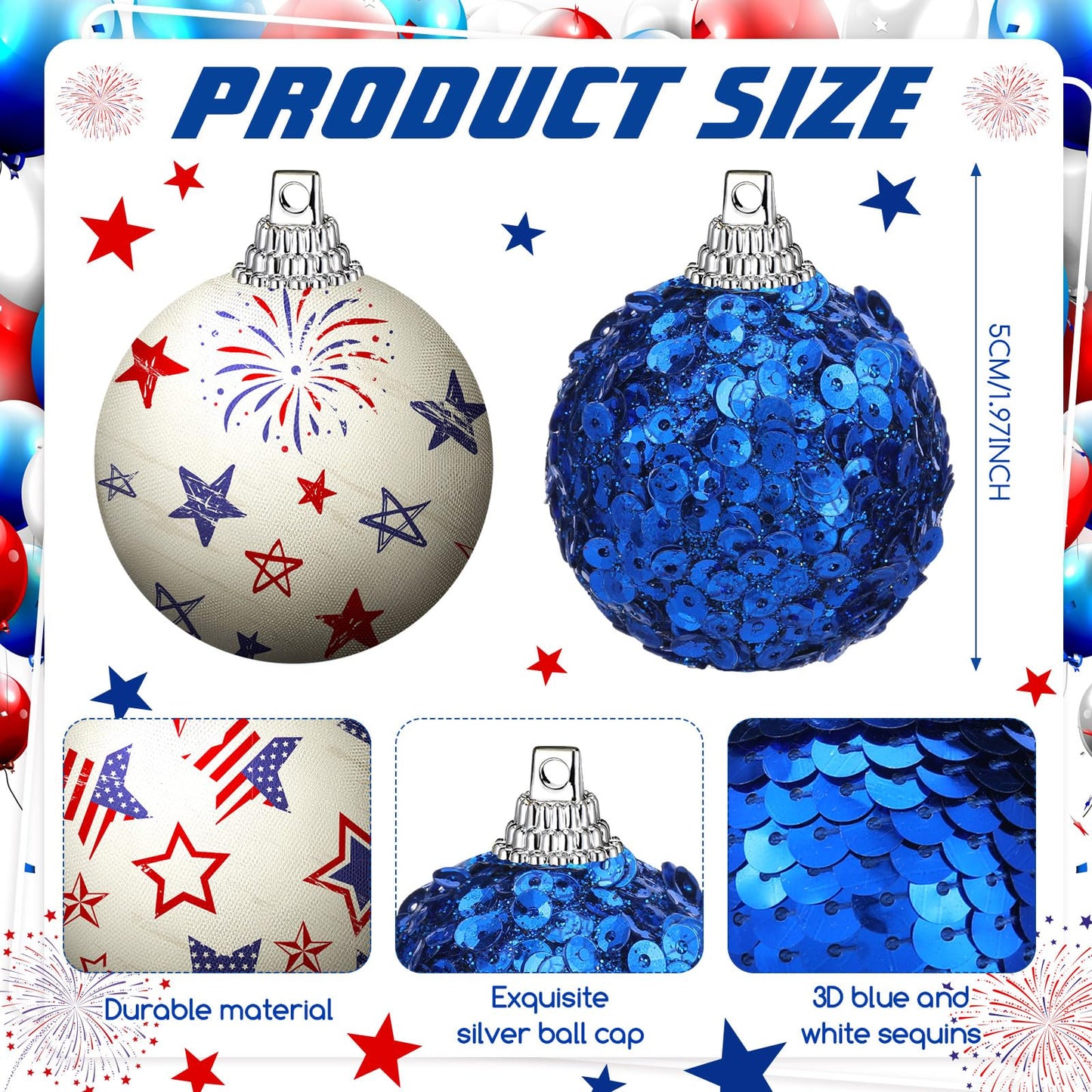 Riceshoot 16 Pcs 4th of July Patriotic Hanging Ball 1.97" Independence Day Sequin Hanging Ball Ornament Red White Blue Tree Decorations for 250th Anniversary Patriotic USA Themed Party Supplies