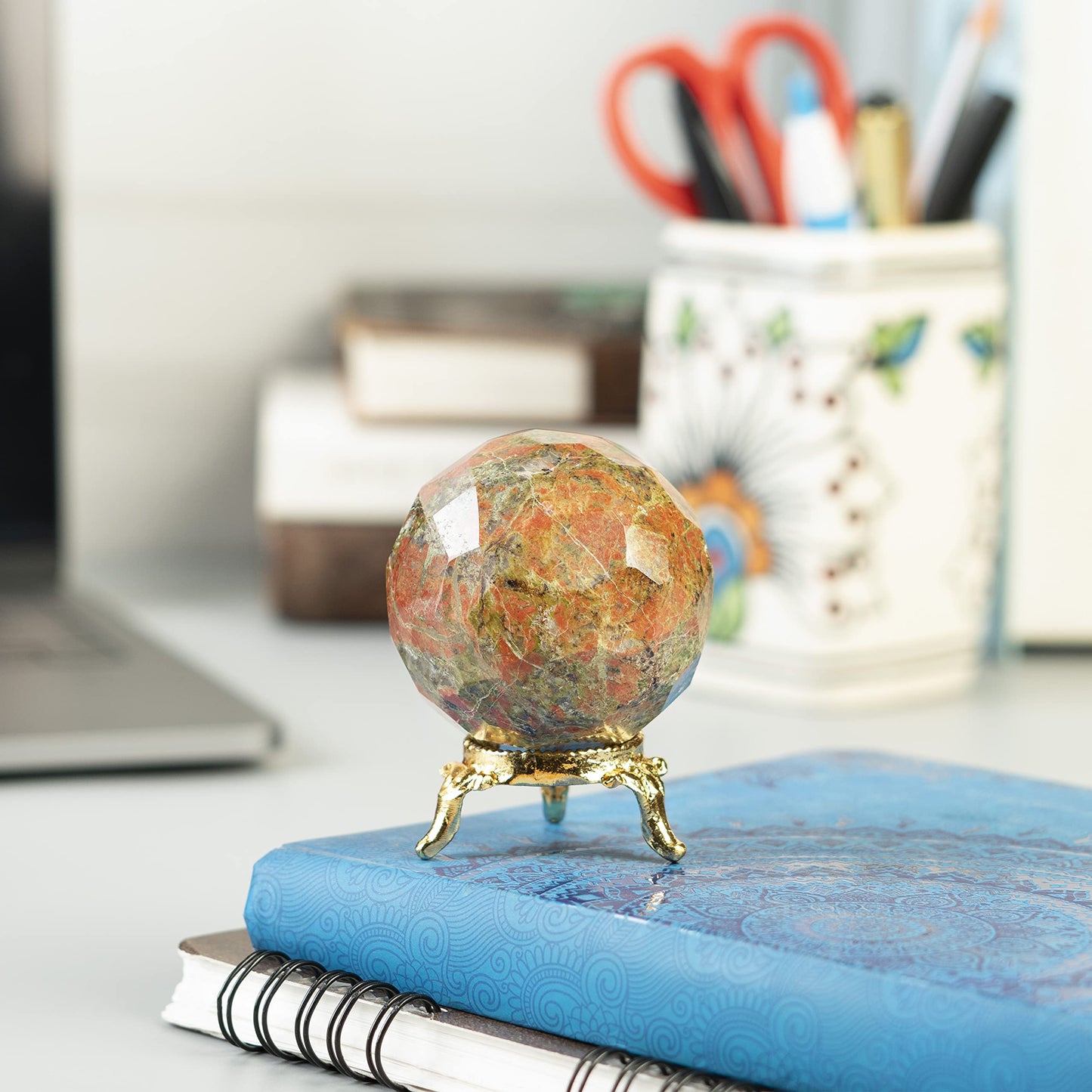 Crocon 45mm Unakite Diamond Cut Stone Sphere Ball with Metal Stand 1400+ Carats Gemstone Ball Healing Ornament Rock Sphere Sculpture Figurine for Fengshui Divination Crystal Home Decor Photography