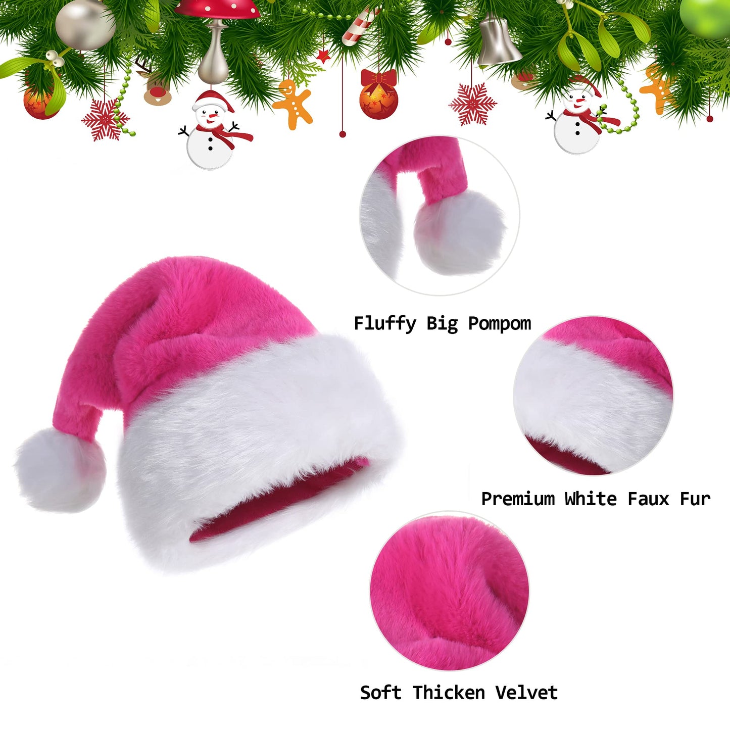 Tokforty Santa Hats, Pink and White Santa Hats for Adults, Unisex Velvet Touch Comfort Christmas Hats for New Year Festive Party Christmas Supplies