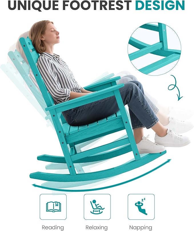 SERWALL Outdoor Rocking Chair, Oversized Rocking Chair with Footrest for Adults, HDPE All Weather Resistant Rocking Chairs for Patio, 350lbs Weight Capacity, Aruba