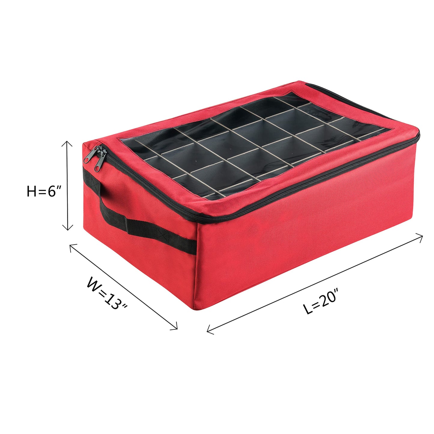 Ornament Storage Box - Zippered Lid Organizer with 48 Individual Compartments and Dividers for Christmas Bulbs and Decorations by Tiny Tim Totes (Red)