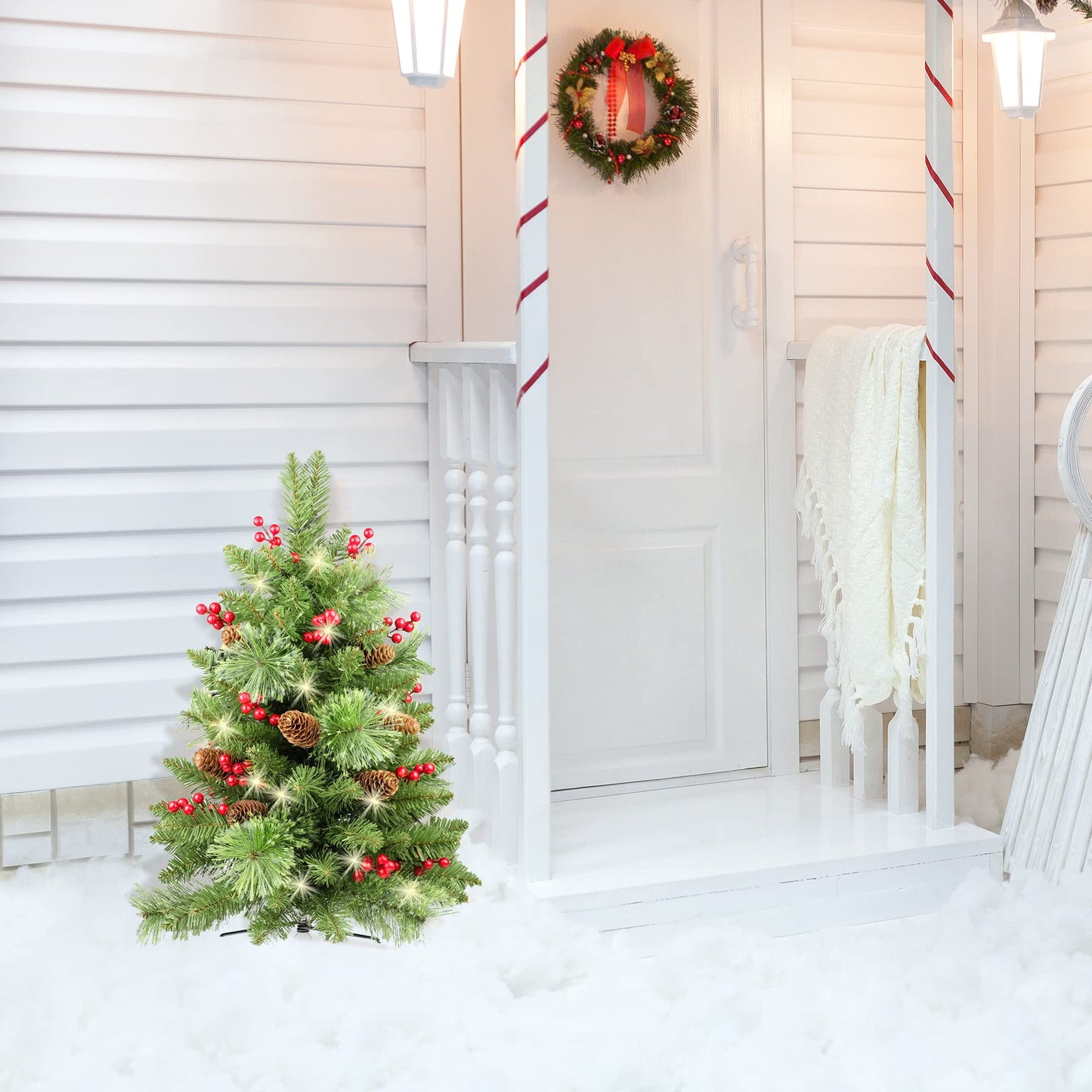 Christmas Tree 30 inch Prelit 2 Set Pathway Porch Christmas Trees Pre-Light LED Battery Operated Outdoor Xmas Decor for Entrance Driveway, Yard, Garden, Red Berries, Pine Cones