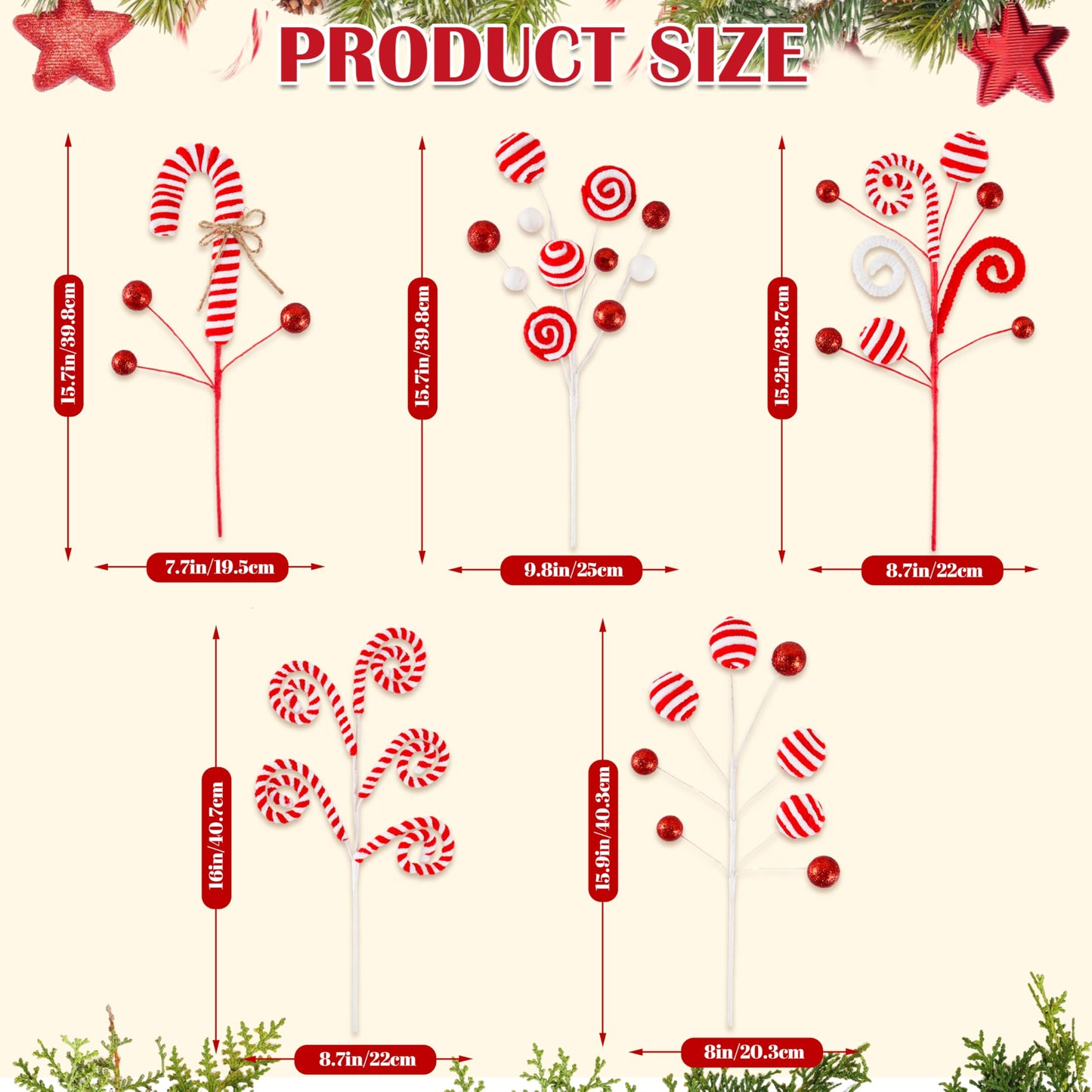 5pcs Candyland Christmas Tree Picks Candy Cane Tree Topper, Red and White Christmas Tree Decorations with Glitter, Curly Lollipop Candy Picks for Xmas Holiday Wreath Vase Party Decor