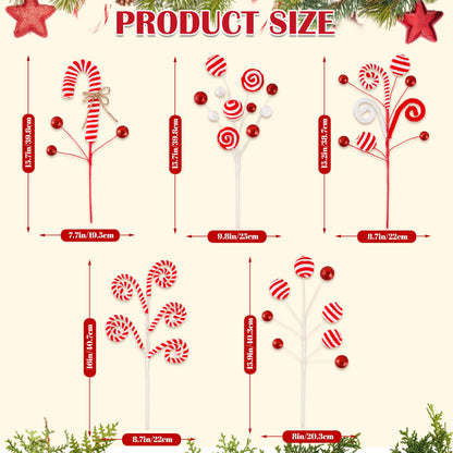 5pcs Candyland Christmas Tree Picks Candy Cane Tree Topper, Red and White Christmas Tree Decorations with Glitter, Curly Lollipop Candy Picks for Xmas Holiday Wreath Vase Party Decor