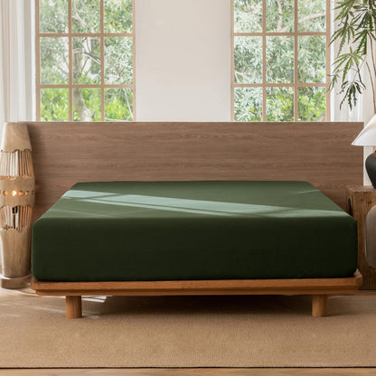 MooMee Fitted Bottom Sheet Only 100% Washed Cotton Linen Like Textured Breathable Durable Soft Comfy Deep Pocket Fits Mattress up to 17" (Forest Green, Queen)