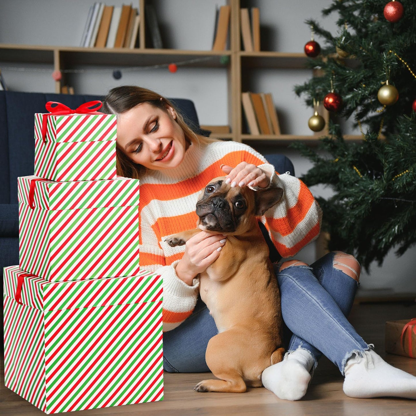 TecUnite 3 Pcs Christmas Nesting Gift Boxes Candy Cane Striped Christmas Stackable Boxes Decorative with Lids for Present Wrapping Xmas New Year Holiday Party Decor(Green Red Stripe)