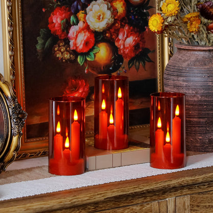 Zevanor 3 in 1 Flameless Taper Short Candles with 10 Key Remote Control and Timer, Battery Operated Pack of 2 LED Acrylic 3" x6" Red Pillar Flickering Warm Light