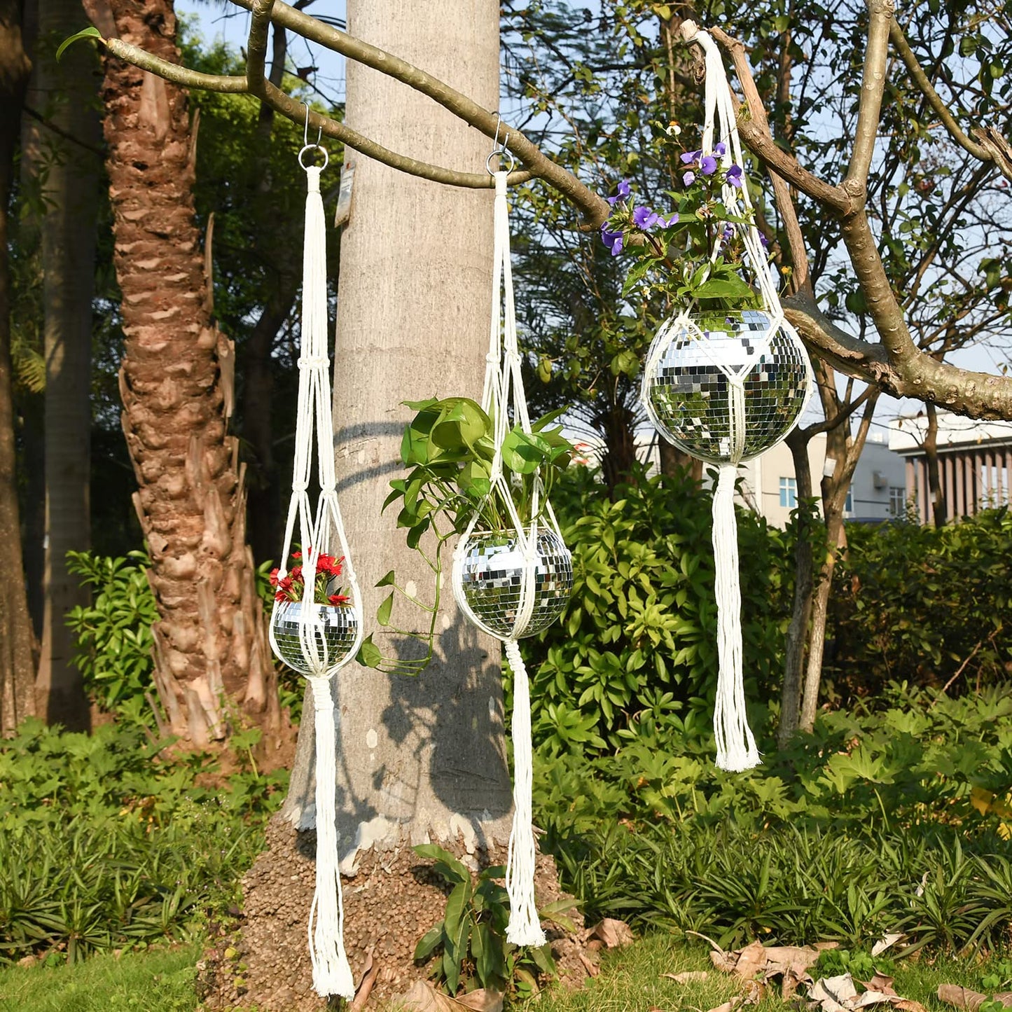 FGBNM Disco Ball Planter, 8" Silver Disco Ball Planter, Disco Ball Plant Hanger with Hanging Rope, Hanging Chain, Hook, Circle and Extra Mirror Pieces