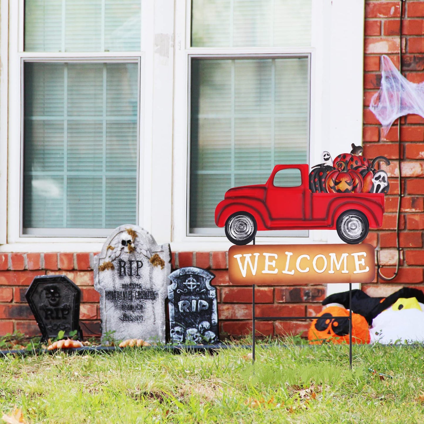 Whaline 4th of July Metal Yard Stakes Patriotic Welcome Interchangeable Garden Stake Red Truck Decor Set with Seasonal Sign Loads, Set of 9