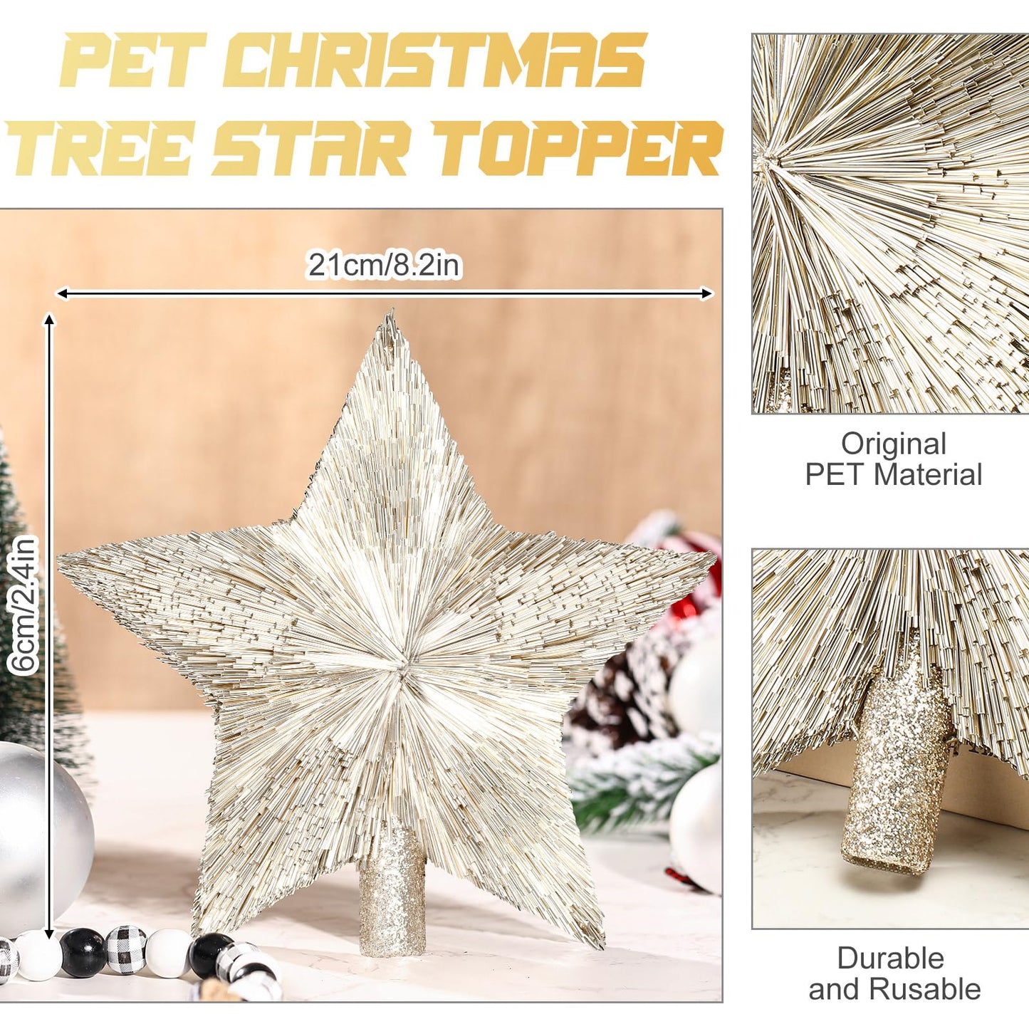 Threehoney 8.3 Inches Christmas Star Tree Topper Glitter Mini Sisal Star for Christmas Small Xmas Tree Top Decoration Ornament for Home Xmas Holiday Gift Decor(Champagne Gold)
