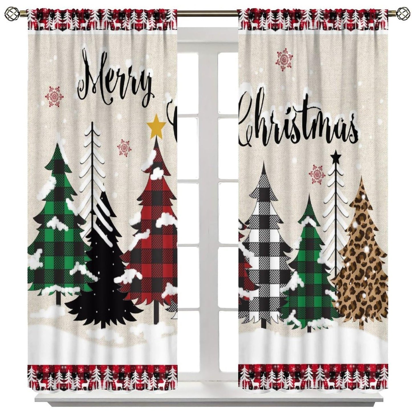 Christmas Tree Curtain Farmhouse Buffalo Plaid Xmas Tree Winter Cabin Snowflake Holiday Window Treatment for Living Room Bedroom Kitchen Cafe Study Dinin Merry Christmas Decor Window Drapes 42"W X 45"
