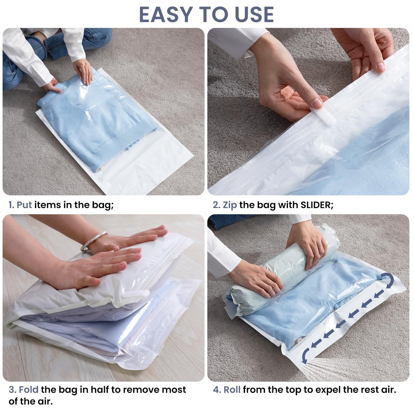 TAILI 12 Pack Travel Compression Bags, Roll Up Space Saver Combo (6 Large, 6 Medium), No Vacuum Needed Reusable Packing Bags for Luggage, Suitcase, Backpack, Travel Essentials