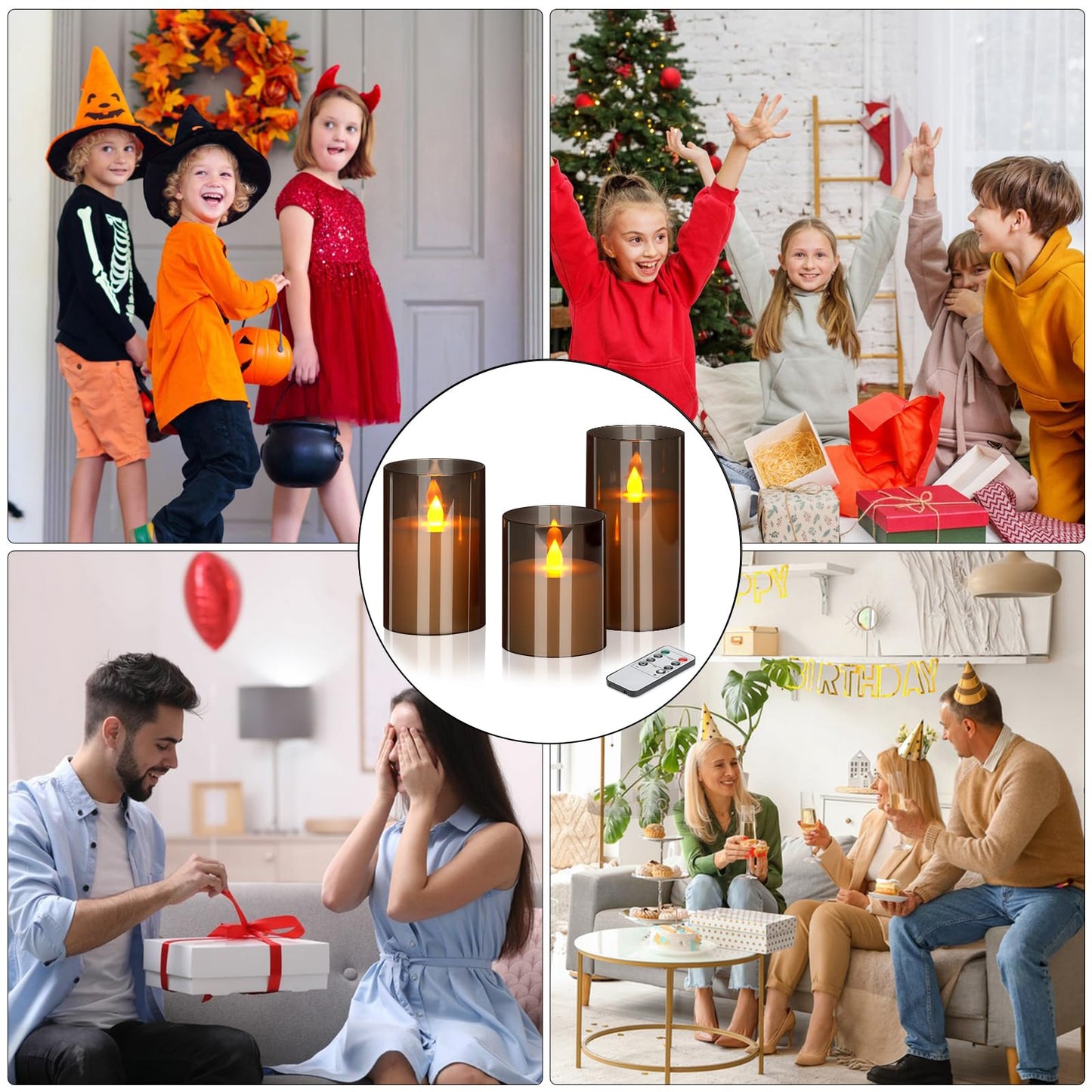 wemarry Flameless Candles 4" 5" 6" Set of 3 Acrylic Glass Pillars 3" Diameter Battery Operated Flickering Candles Include 10-Key Remote with Timer Function 400+ Hours (Gray, Warm Light 3 Pack)