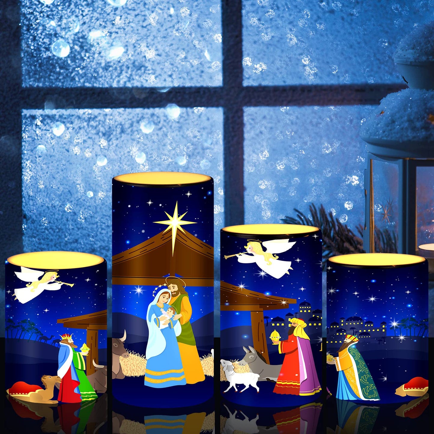 Tiamon Christmas Nativity Scene Candles LED Religious Theme Flameless Candles Battery Operated LED Warm Light Flickering Pillar for Xmas Holiday Table Decorations(Vivid)