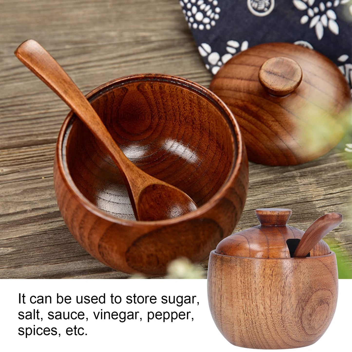 Tomotato Wood Spice Jar, Rustic Wooden Sugar Bowl with Lid and Spoon, Salt Cellar Pepper Condiment Pot Seasoning Jar Container Box for Home Kitchen Restaurant