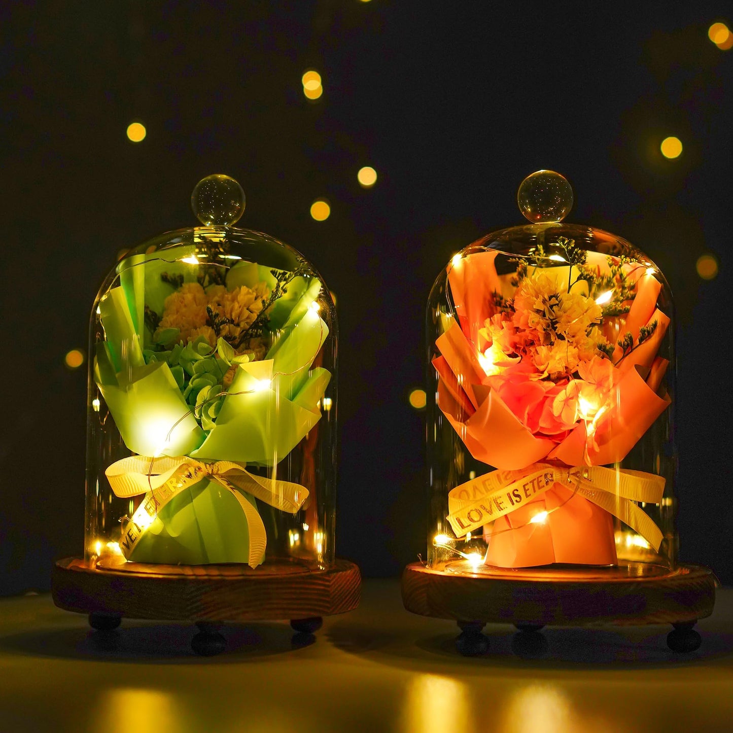 2 Pack Decorative Glass Cloche Bell Jars with Wooden Bases, 6.4" Tall Tabletop Accent Covers for Seasonal Centerpieces, Fairy Lights and Home Decor
