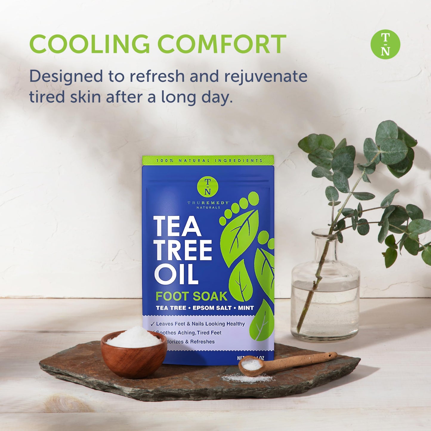 14oz Tea Tree Oil Foot Soak with Epsom Salt and Mint by Truremedy Naturals - Foot Soaking Salts for Dry and Tired Feet - Gently Exfoliates and Refreshes Feet for Soft, Supple Skin