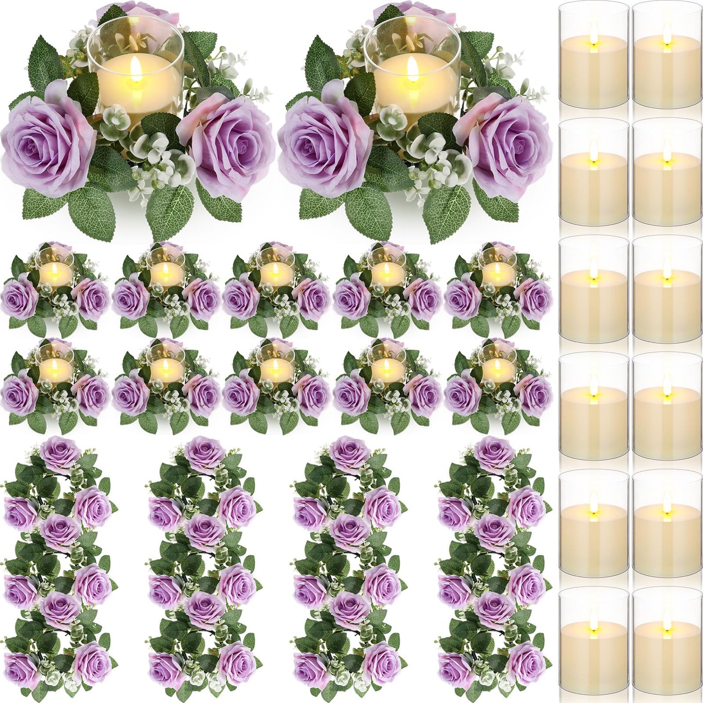 Yunlly 12 Pcs Rose Candle Rings with Flameless Candles Sets, Artificial Flower Eucalyptus Wedding Centerpiece 3 Inch Pillar Candleholders Wreaths for Wedding Party Mother's Day (Purple)