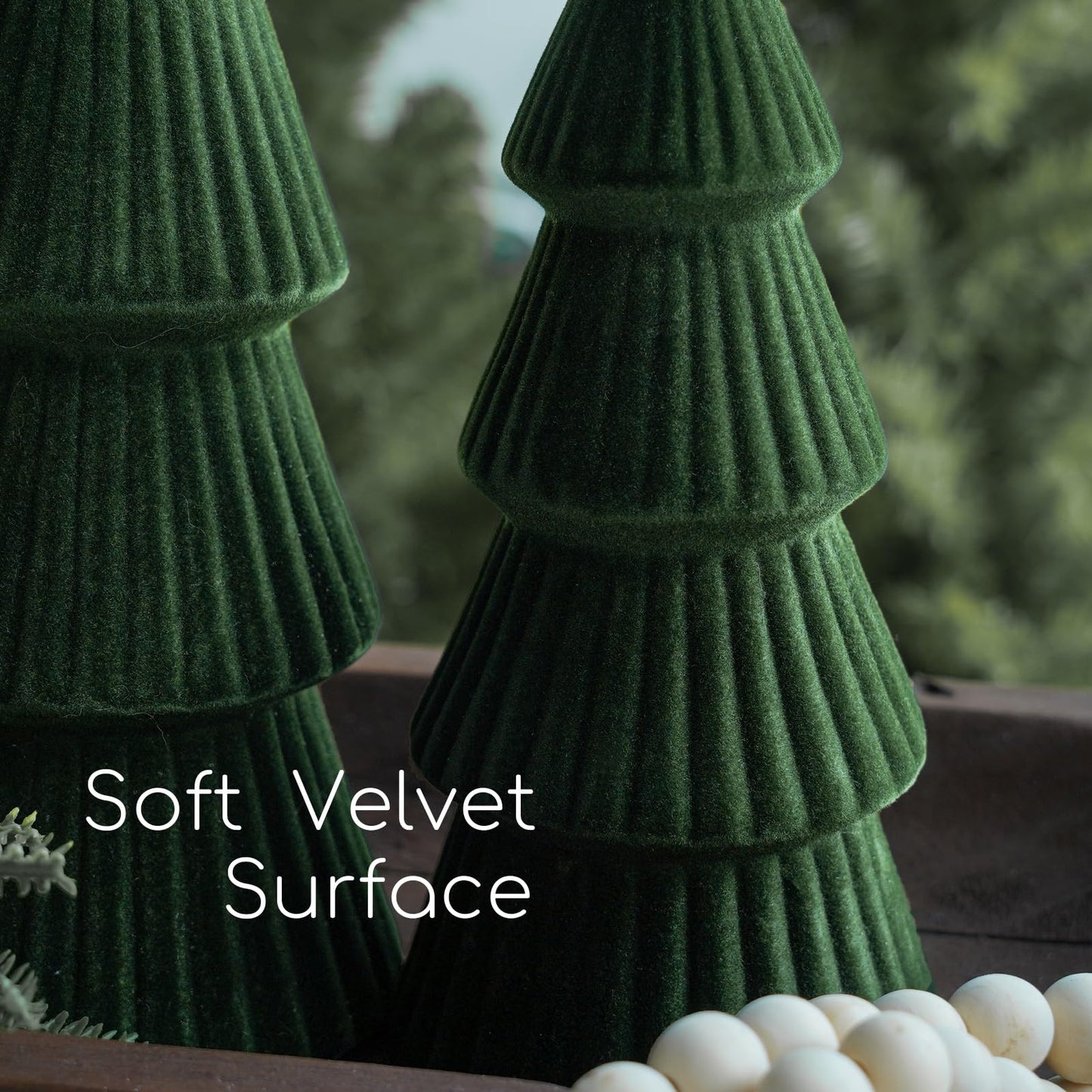 Christmas Decorations - Set of 3 Velvet Ceramic Christmas Trees - Modern Cone Indoor Christmas Decoration Centerpieces for Table Mantel and Living Room Home Decor (Green)