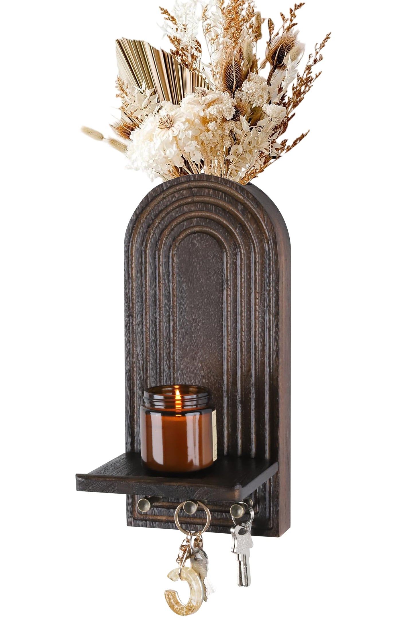 3-in-1 Wooden Wall Organizer - Planter Vase + Candle Sconces + Hooks (No Dried Flower)- Farmhouse Hanging Decor Boho Wall Art for Indoor Plants Artificial Eucalyptus for Living Room Bedroom Brown