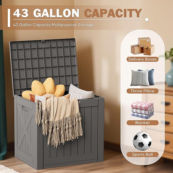 Patiowell 43 Gallon Resin Deck Box, Outdoor Storage Box for Patio Furniture, Deliveries, Pool Supplies,Waterproof and Lockable (Grey)