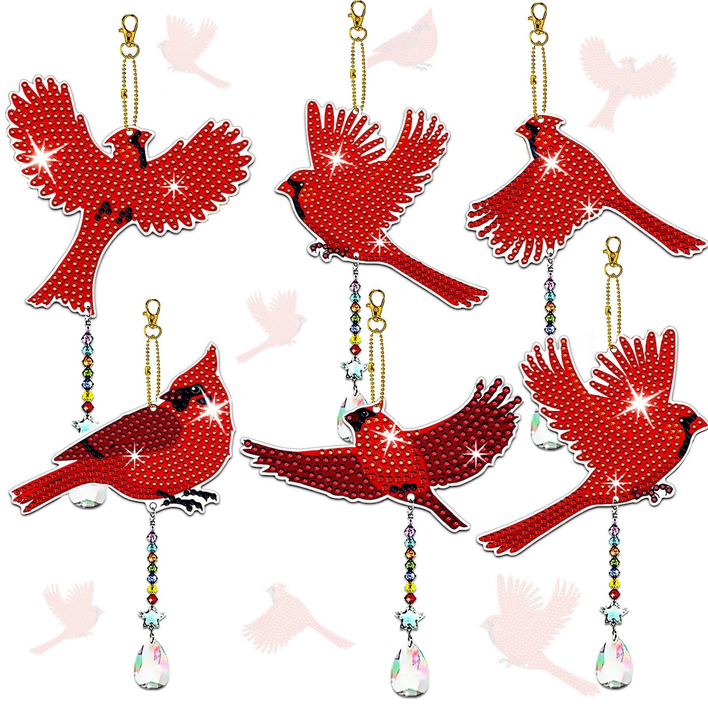 JeCuiK 6 Pcs Cardinal Bird Diamond Painting Wind Chimes 5D DIY Diamonds Painting Suncatcher Ornament Double Sided Diamond Art Suncatcher Hanging Crystal Pendant Best Gifts for Mom