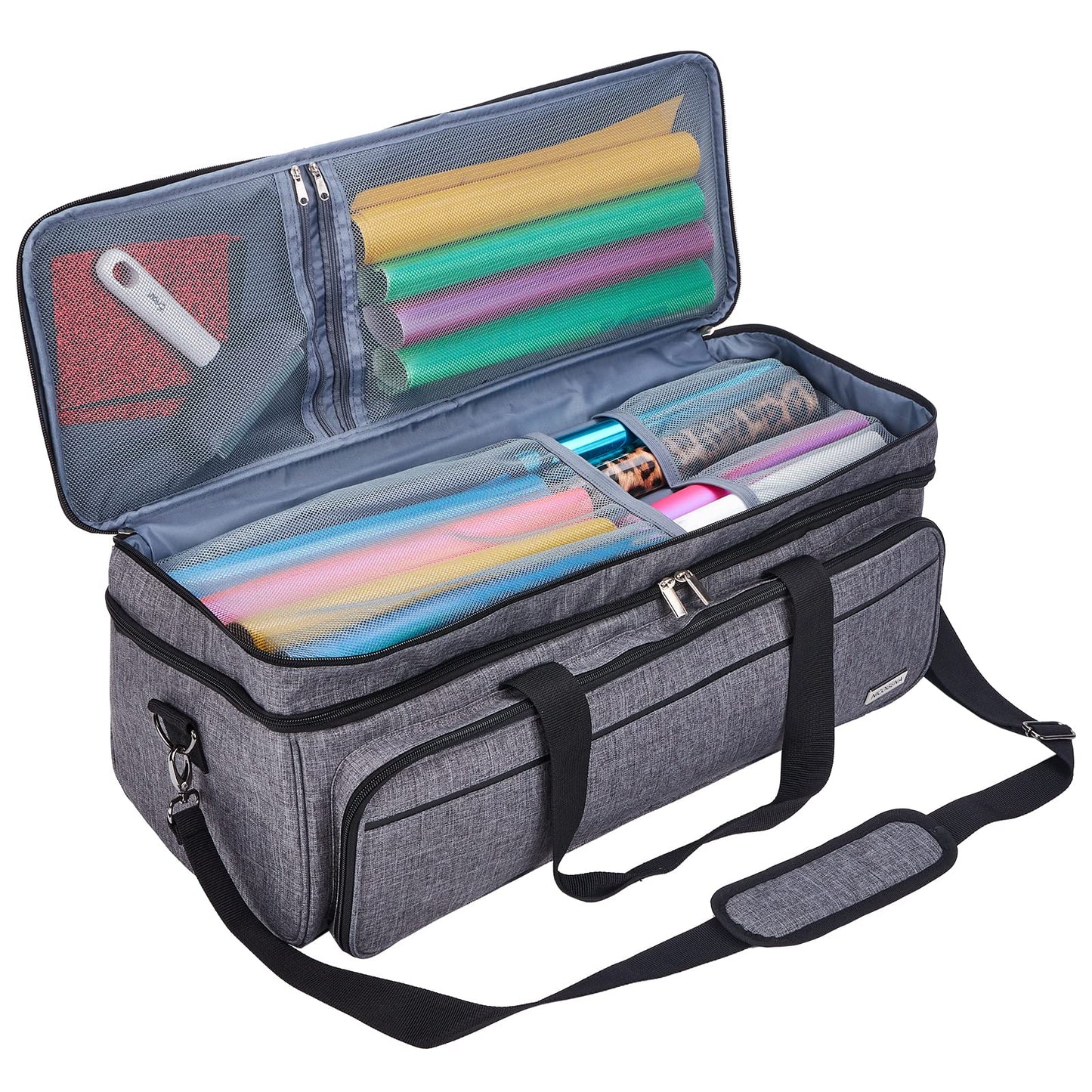 NICOGENA Double Layer Carrying Case with Mat Pocket for Cricut Explore Air 2, Cricut Maker, Multi Large Front Pockets for Tools Accessories and Supplies, Grey