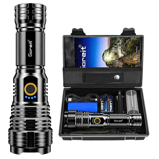 Goreit Flashlights LED High Lumens Rechargeable, 2000 Lumens XHP70.2 Super Bright Flashlight, Flash Light Battery Powered, Powerful Handheld Flashlight with Holster for Emergency Camping Hiking Gift