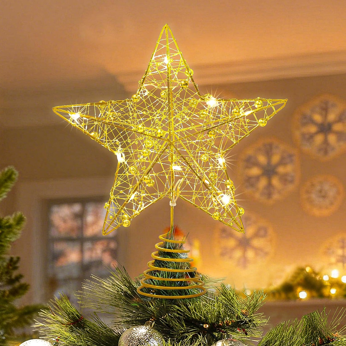 Athoinsu Light up Christmas Tree Topper Star 10 Inch Gold Glitter Christmas Ornaments Decoration with Warm LED Lights, Xmas Tree Topper Ornament for Holiday Christmas Party Home Decor