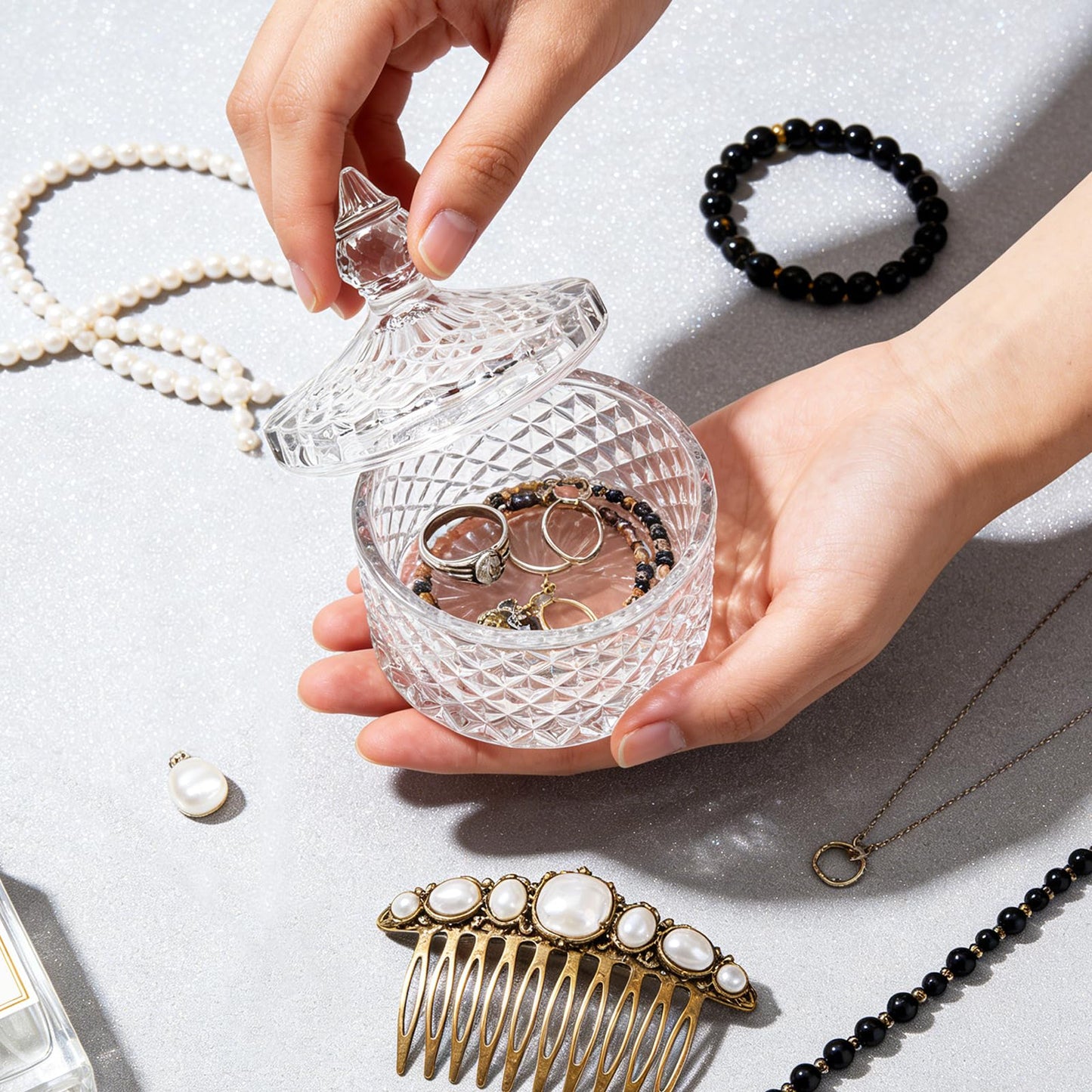 Glass Jewelry Box, Crystal Candy Dish with Lid, Ring Box, Small Trinket Dish, Jewelry Organizer Dish with Lid, Decorative Jewelry Bowls for Home Decor, Christmas Birthday Gifts for Women (Diamond)