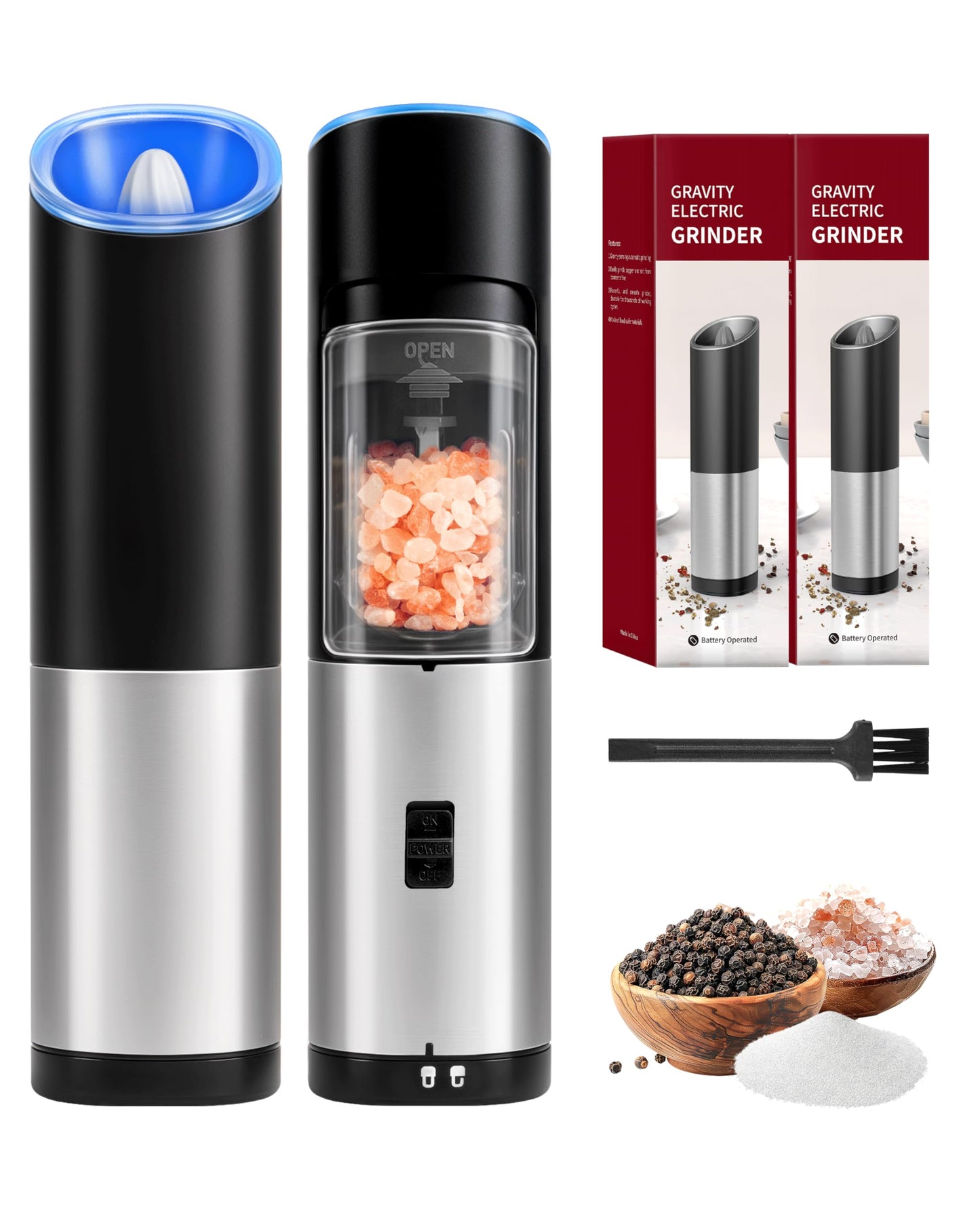 Simple Deluxe Stainless Steel Gravity Electric Salt & Pepper Grinder Set, Battery Powered with Blue LED Light, Adjustable Coarseness, One Hand Automatic Operation, Silver
