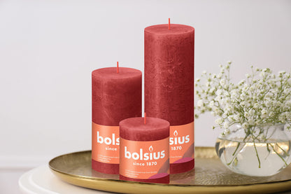 BOLSIUS 4 Pack Delicate Red Rustic Pillar Candles - 2.75 X 3.25 Inches - Premium European Quality - Includes Natural Plant-Based Wax - Unscented Dripless Smokeless 35 Hour Party Décor Candles