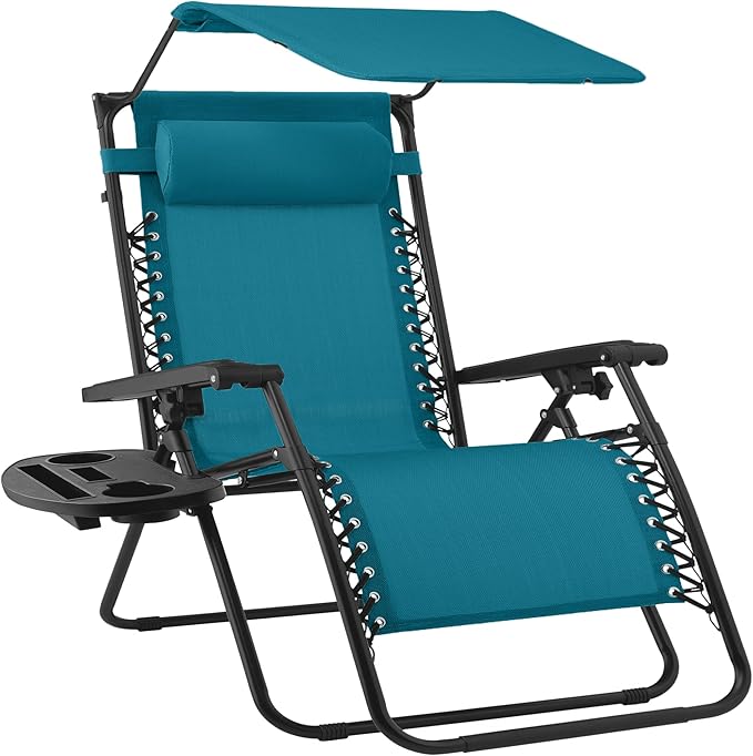 Best Choice Products 30” Wide Folding Zero Gravity Outdoor Recliner Patio Lounge Chair w/Adjustable Canopy Shade, Headrest, Side Accessory Tray - Peacock Blue