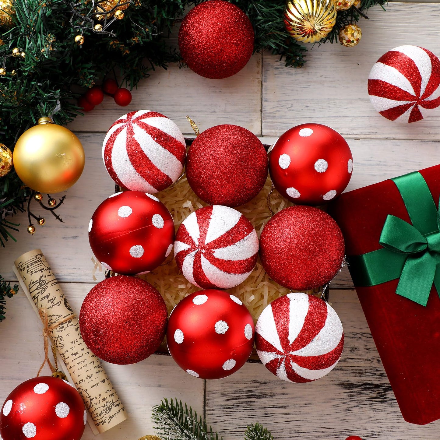 Jutom 12 Pcs Red and White Christmas Balls Ornaments for Tree 2.4 Inch Peppermint Candy Polka Dots Stripes Christmas Tree Decorations Shatterproof Xmas Baubles for Home Wreath Party Decor