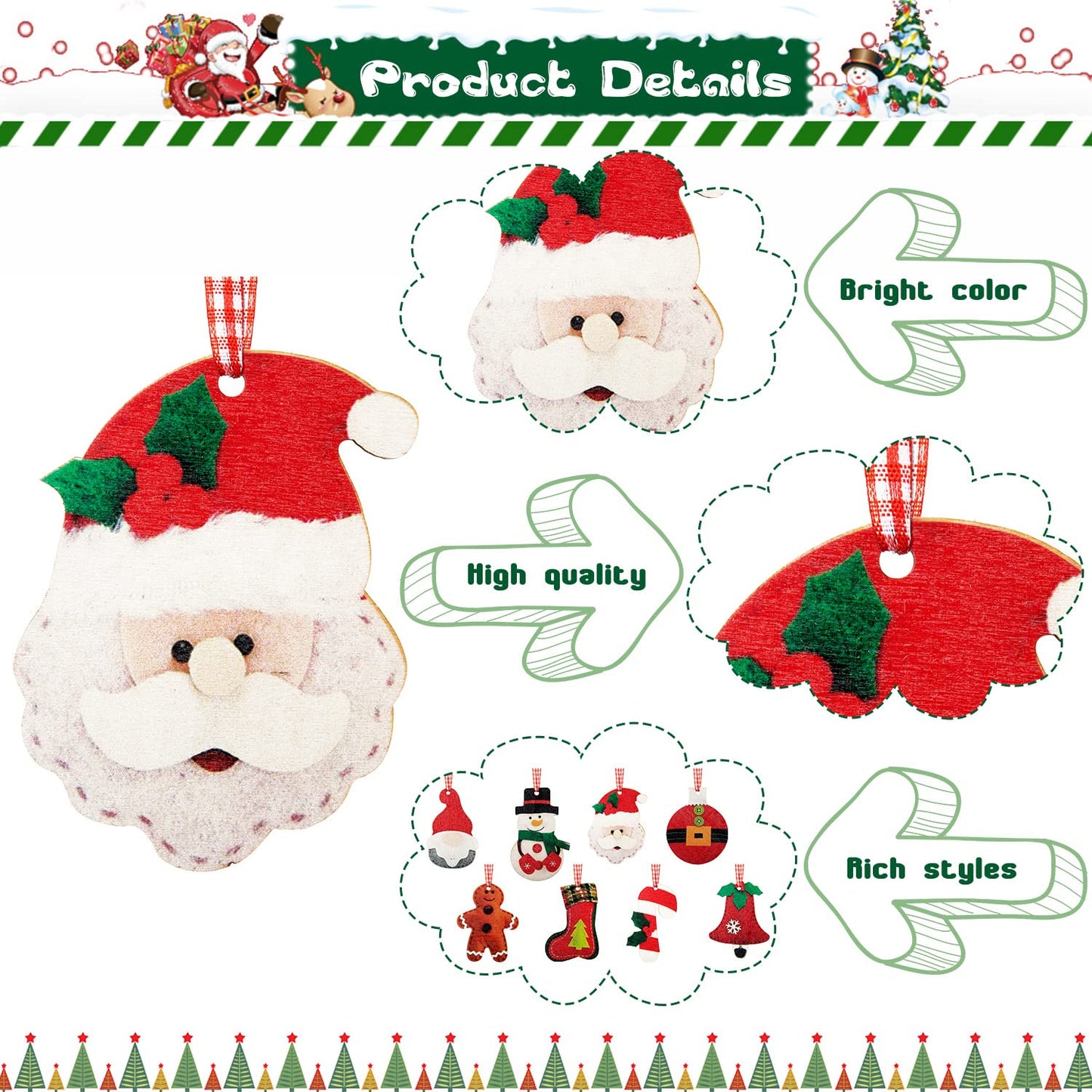 24 Pcs Wooden Christmas Tree Ornaments Hanging Decorations 3D Santa Clause Snowman Reindeer Candy Cane Stocking Wooden Crafts for Xmas Tree Wreaths Home Winter Holiday Party Decor (Wood)