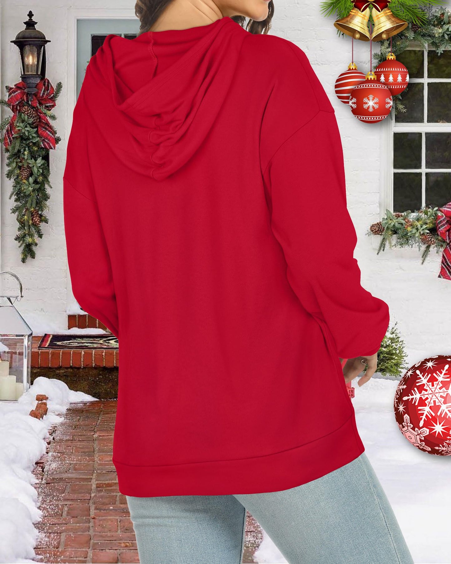 Women's Hoodies Long Sleeve Sweatshirts Drawstring Pullover Tops with Pocket Casual Loose Blouses Tunic (Red Christmas Tree,L)