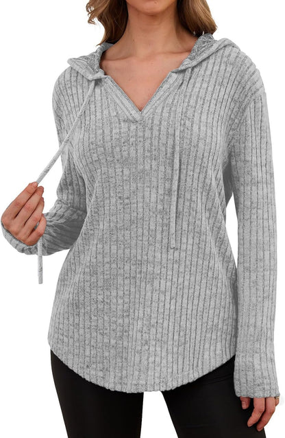 Lylinan Womens Cozy Knit Sweaters Hoodies Ribbed V Neck Pullover Sweatshirts for Fall Outfits S-XXL