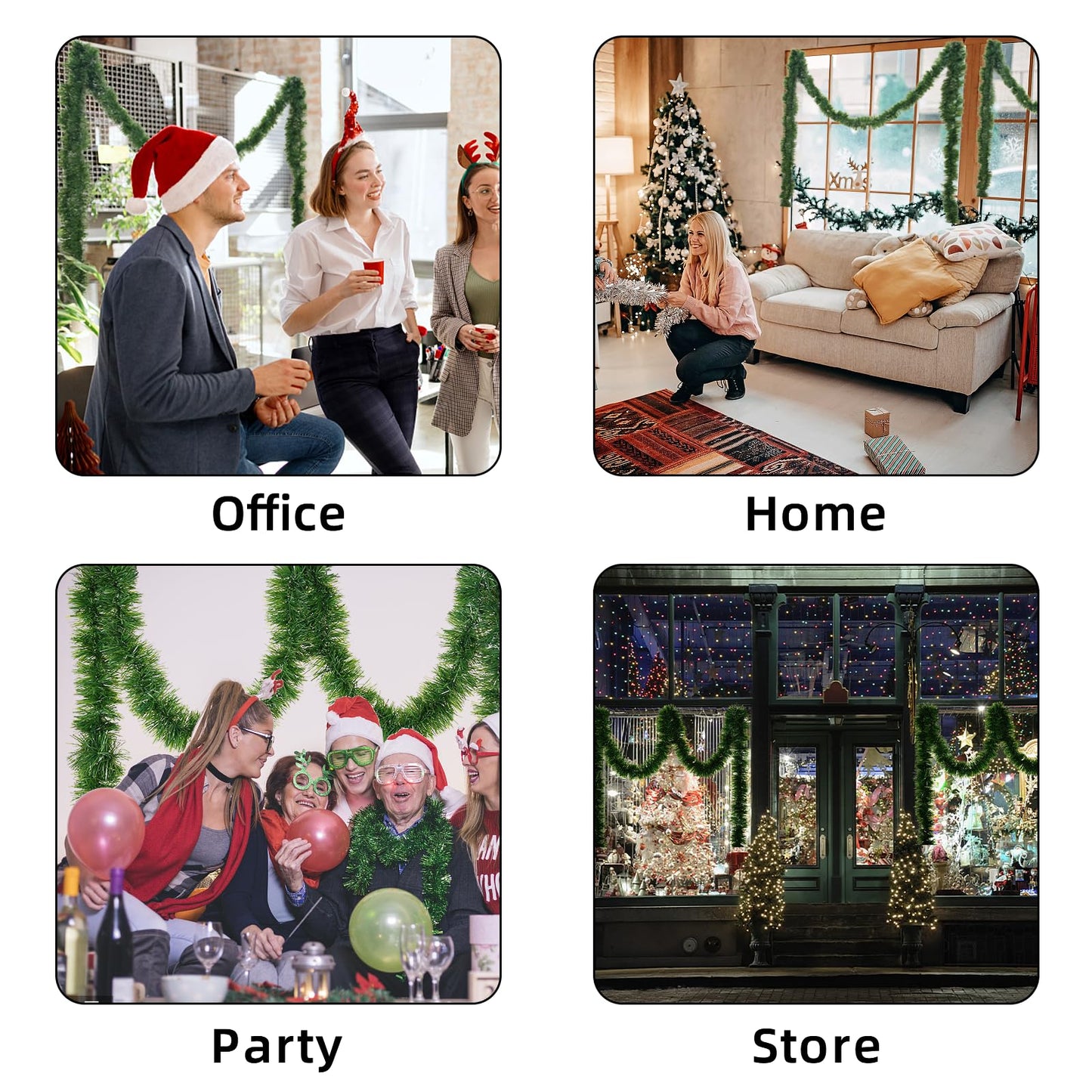 Green Garland Christmas Decorations,50Ft Xams Greenery Tinsel Stems Non-Lit Soft Twist Garland Decor for Tree Stairs Railing Front Door Mantle Fireplace Indoor Outdoor Holiday Home