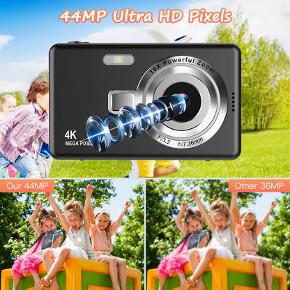 Digital Camera 1080P FHD 44MP with 2.4" LCD Screen,16X Digital Zoom, Compact Portable Vlogging Camera with 32gb SD Card for Kids Teen Students Beginner (Black)