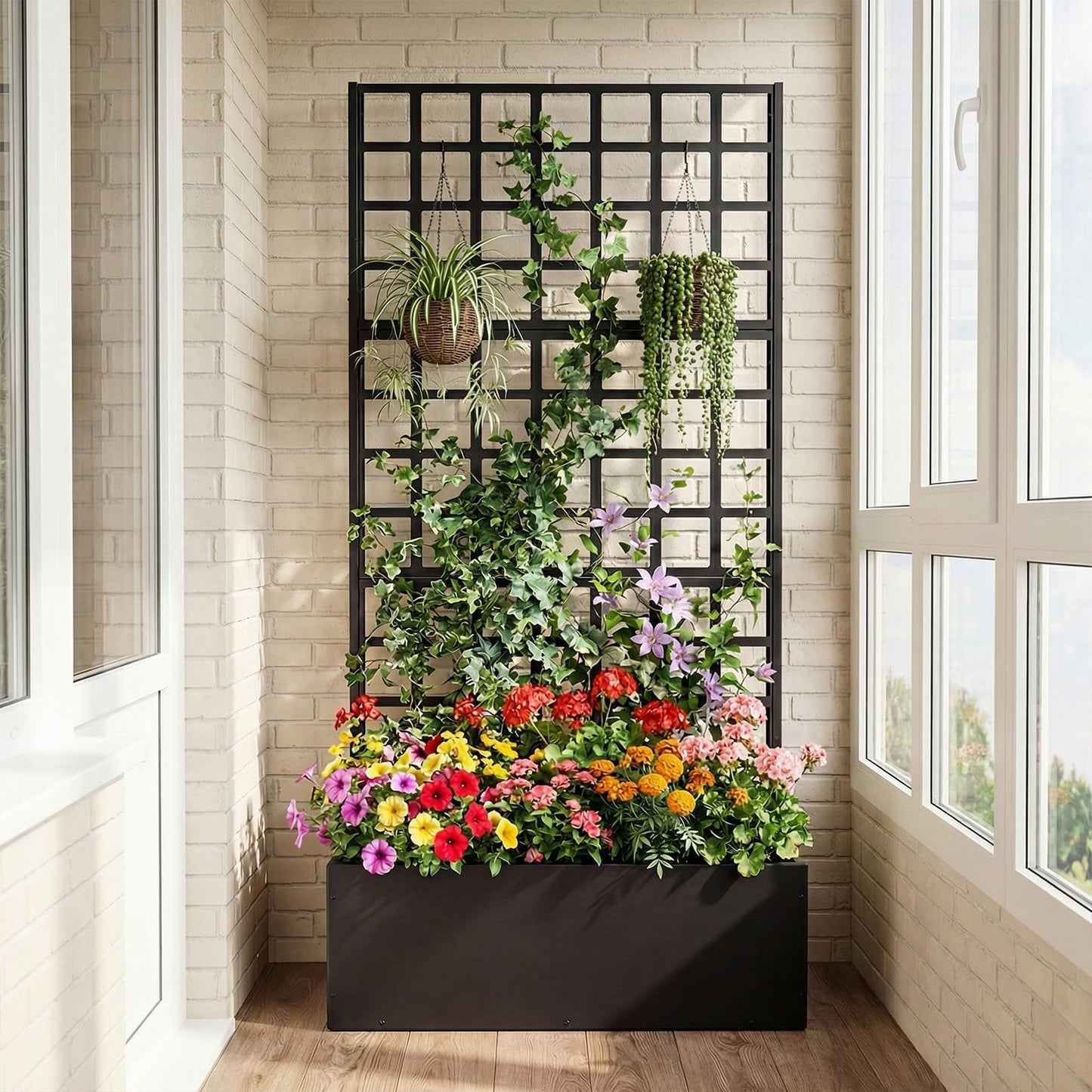 Giantex Metal Raised Garden Bed with Trellis, 36" x 16" x 77" Galvanized Planter Box w/Drainage Holes for Climbing Plants Vegetables Flowers, Outdoor Privacy Screen for Patio Backyard Balcony