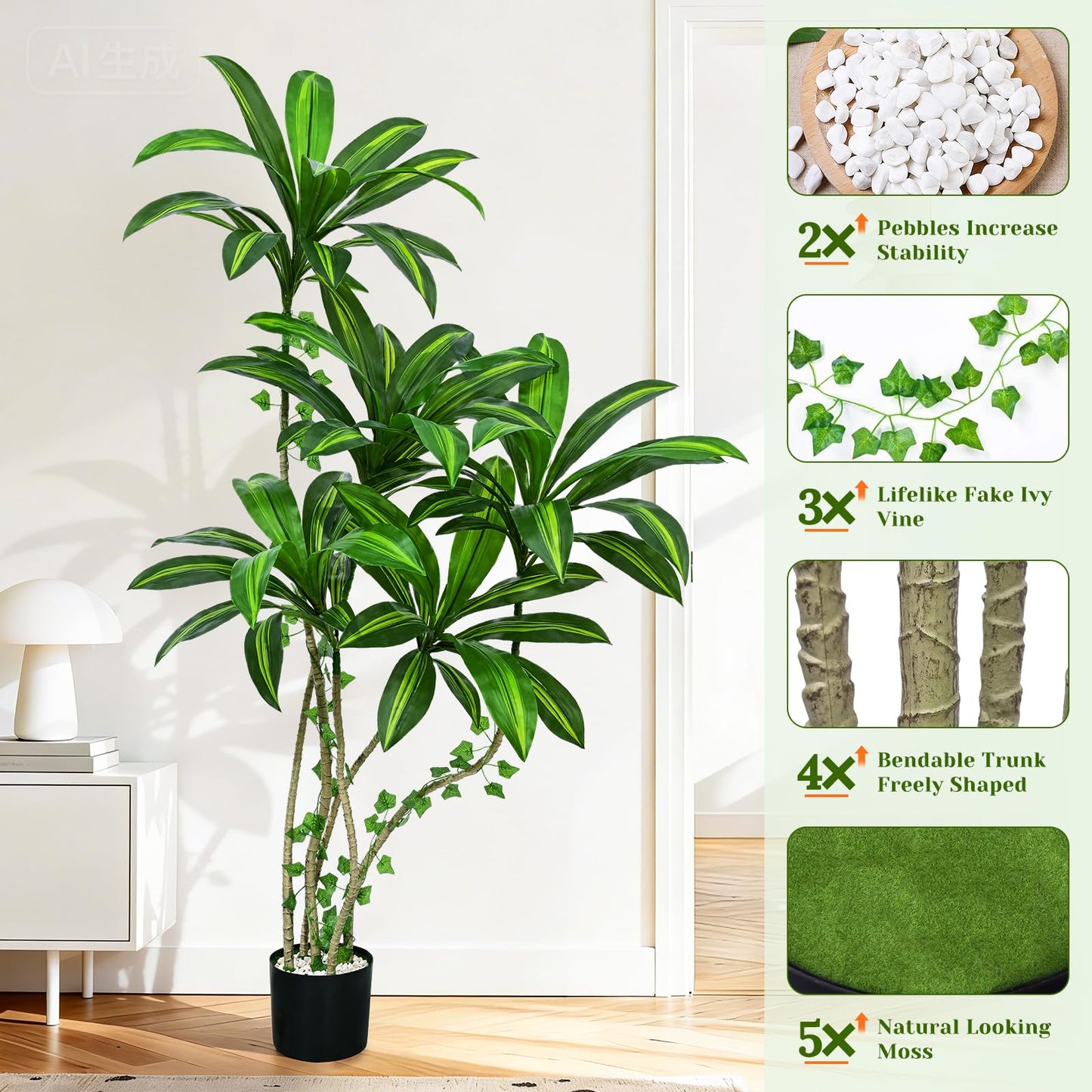 Dolicer 5FT Tall Look Real Artificial Dracaena Tree Indoor with Black Planter, Realistic Artificial Fake Faux Indoor Plants with Natural Trunk and Lifelike Leaves for Home Office Living Room