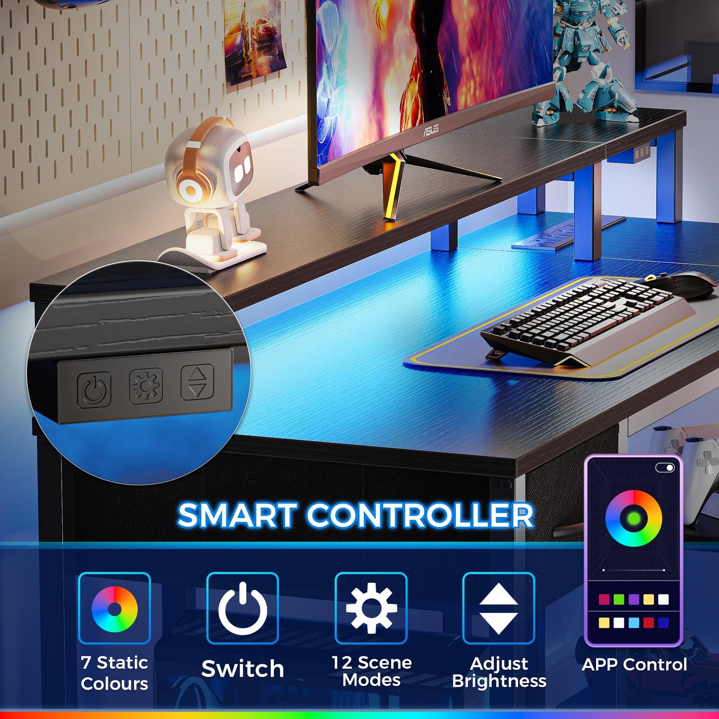 SUPERJARE 47 inch Reversible L Shaped Desk with LED Lights & Power Outlets, Computer Desk with Shelves & Monitor Stand, Gaming Desk with Drawer, Home Office Desk Corner Desk, Black