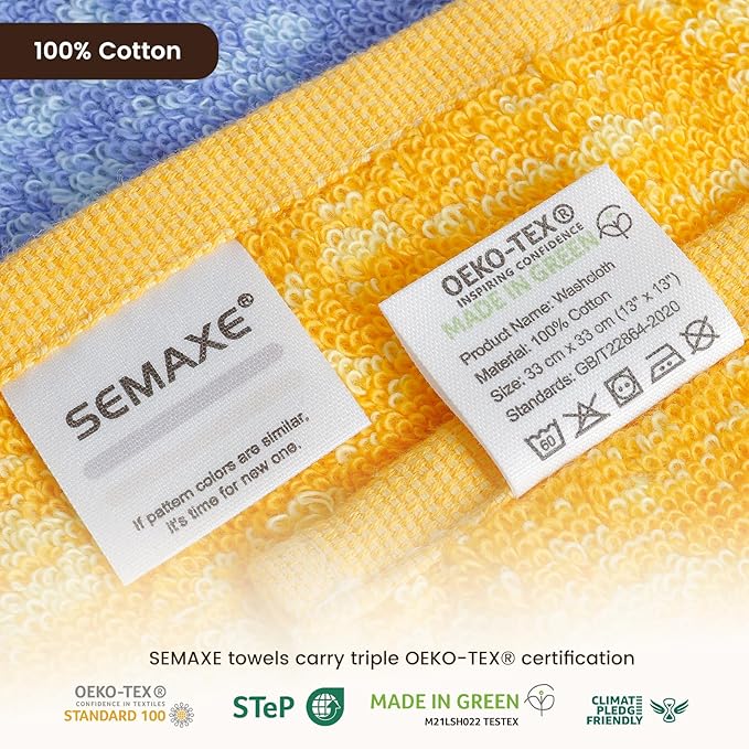 SEMAXE 100% Cotton Washcloths 12-Pack, 13 × 13 Inch Soft Luxury Face Towels –